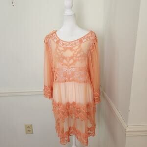 Ali Miles Swim Coverup Tunic Top Size Medium Womens Sheer Mesh Embroidered Dress